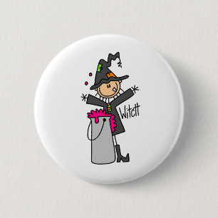 Halloween Heks Stokfiguur Knop Ronde Button 5,7 Cm