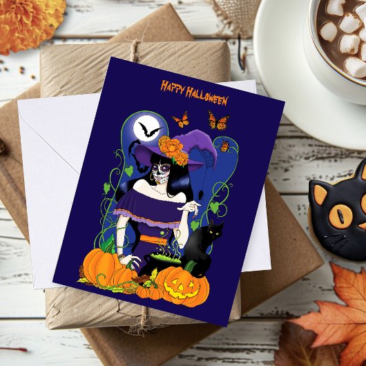Halloween Heks Sugar Skull Kaart