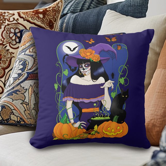Halloween Heks Sugar Skull Kussen (Creator heeft geüpload)