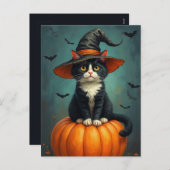 Halloween heks Tuxedo kat op een pompoen Feestdagenkaart (Voorkant / Achterkant)