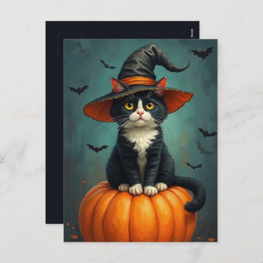 Halloween heks Tuxedo kat op een pompoen Feestdagenkaart (Voorkant / Achterkant)