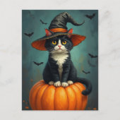 Halloween heks Tuxedo kat op een pompoen Feestdagenkaart (Voorkant)