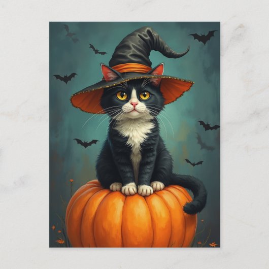 Halloween heks Tuxedo kat op een pompoen Feestdagenkaart (Voorkant)
