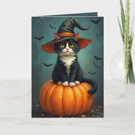 Halloween heks Tuxedo kat op een pompoen Kaart (Voorkant)