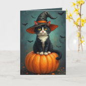 Halloween heks Tuxedo kat op een pompoen Kaart (Gele Bloem)