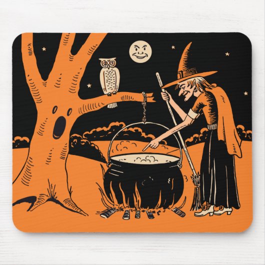  Halloween-heks uit de jaren 1940 met Cauldron Muismat (Voorkant)