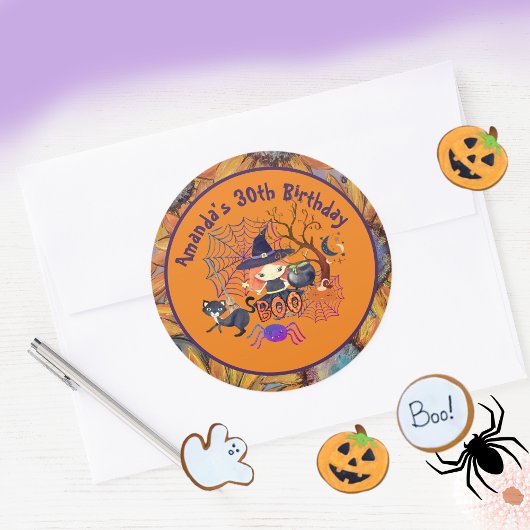 Halloween heks verjaardagsfeest Sinaasappel Ronde Sticker