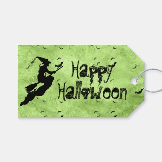Halloween Heks & Vleermuizen Silhouet Groene Grung Cadeaulabel (Voorkant (Horizontaal))