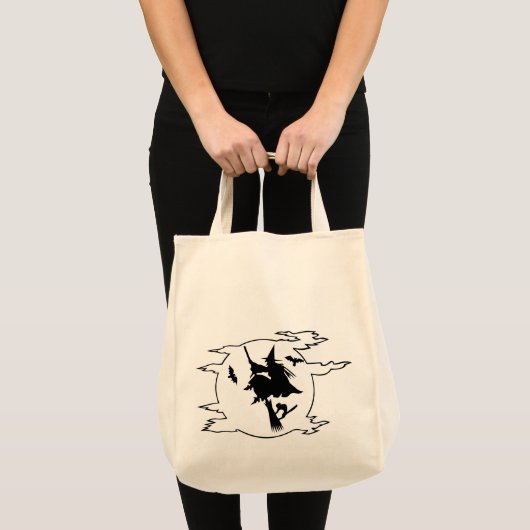 Halloween heks vliegende broomstick met kat en bat tote bag (Voorkant (product))