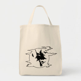 Halloween heks vliegende broomstick met kat en bat tote bag