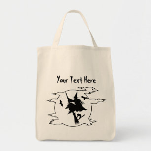 Halloween heks vliegende broomstick met kat en bat tote bag