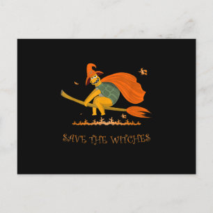 Halloween Heks Vliegende Schildpad Bezem Salem Uitnodiging Briefkaart