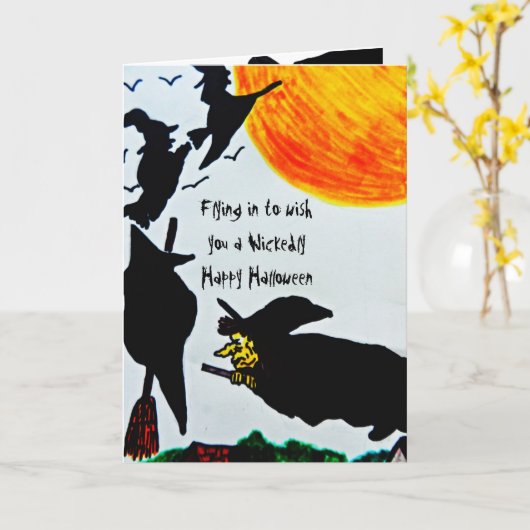 HALLOWEEN HEKS VLIEGT NIET VAN HET HANDVAT KAART (Gele Bloem)