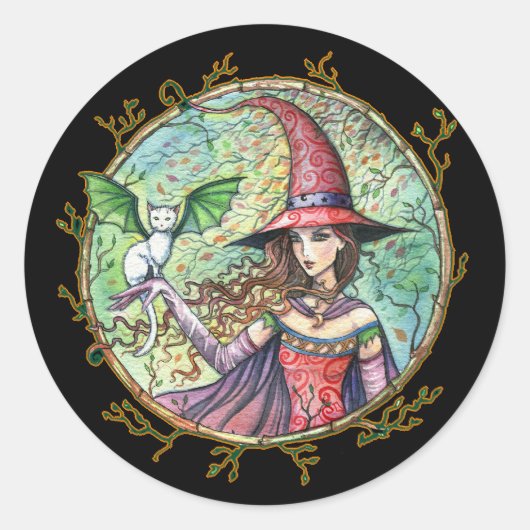 Halloween Heks Witte Kat Stickers (Voorkant)