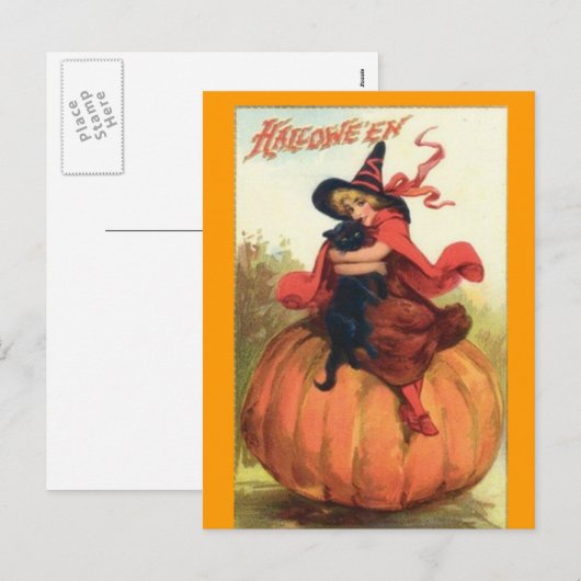 Halloween, Heks, Zwart, Kat, briefkaart (Voorkant / Achterkant)