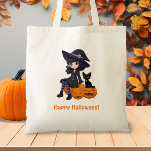 Halloween Heks, Zwarte Kat en Gebogen Pompoenen Tote Bag