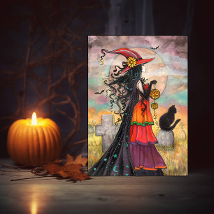 Halloween Heks Zwarte Kat Graveyard Fantasy Art Kaart