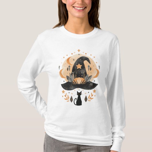 Halloween Heks Zwarte Kat T-shirt  (Voorkant)