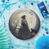 Halloween Heks, Zwarte Kat, Vleermuizen en Volle M Papieren Bordje (Feest)