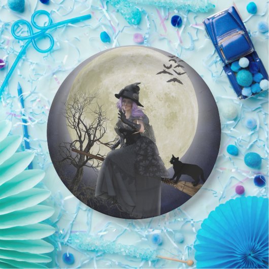 Halloween Heks, Zwarte Kat, Vleermuizen en Volle M Papieren Bordje (Feest)