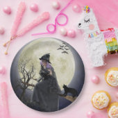 Halloween Heks, Zwarte Kat, Vleermuizen en Volle M Papieren Bordje (Feest)