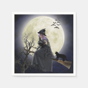 Halloween Heks, Zwarte Kat, Vleermuizen en Volle M Servet