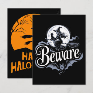 Halloween Heksen Bezemsteel Zwarte Kat Maan Grafis Feestdagenkaart