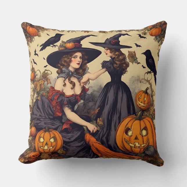  Halloween Heksen en Jack-O'-Lantern Kussen (Voorkant)