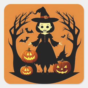 Halloween Heksen Pompoenen Griezelscène Vierkante Sticker
