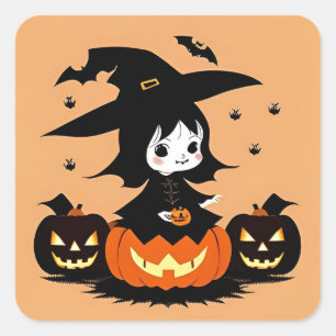 Halloween Heksen Pompoenen Griezelscène Vierkante Sticker