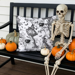 Halloween Heksen Toile de Jouy Zwart Wit Buitenkussen