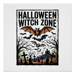 Halloween Heksen Zone Vintage Kerkhof Vleermuizen Perfect Poster