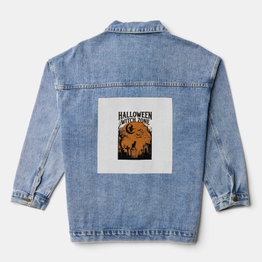 Halloween Heksen Zone Zwarte Kat Kerkhof Vleermuiz Denim Jacket (Achterkant)