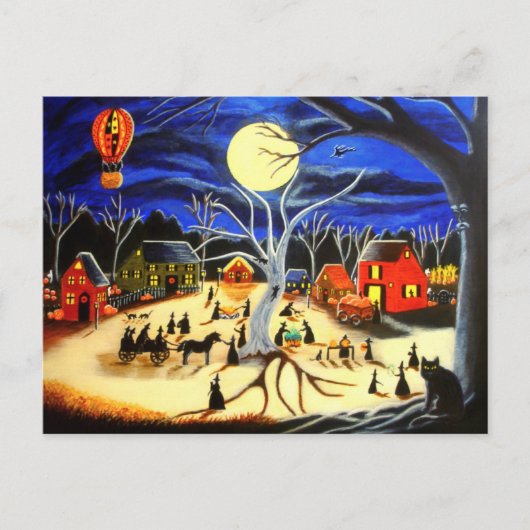 Halloween, heksen, zwart, kat, warm, luchtballon briefkaart (Voorkant)