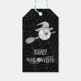 Halloween heksenbezem, enge oogbol, spinnenweb cadeaulabel