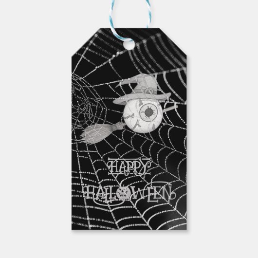 Halloween heksenbezem, enge oogbol, spinnenweb cadeaulabel (Voorkant)