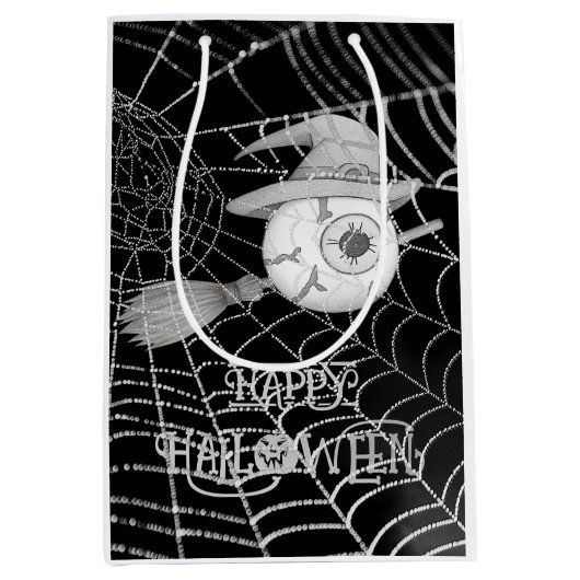 Halloween heksenbezem, enge oogbol, spinnenweb medium cadeauzakje (Voorkant)