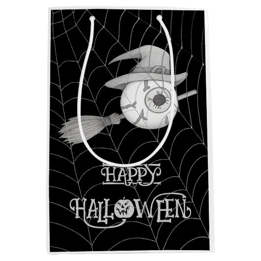 Halloween heksenbezem, enge oogbol, spinnenweb medium cadeauzakje (Voorkant)