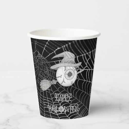Halloween heksenbezem, enge oogbol, spinnenweb papieren bekers (Voorkant)