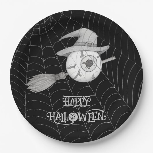 Halloween heksenbezem, enge oogbol, spinnenweb papieren bordje (Voorkant)