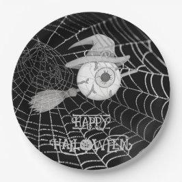 Halloween heksenbezem, enge oogbol, spinnenweb papieren bordje
