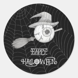 Halloween heksenbezem, enge oogbol, spinnenweb ronde sticker
