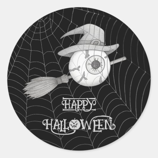 Halloween heksenbezem, enge oogbol, spinnenweb ronde sticker (Voorkant)