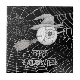Halloween heksenbezem, enge oogbol, spinnenweb tegeltje