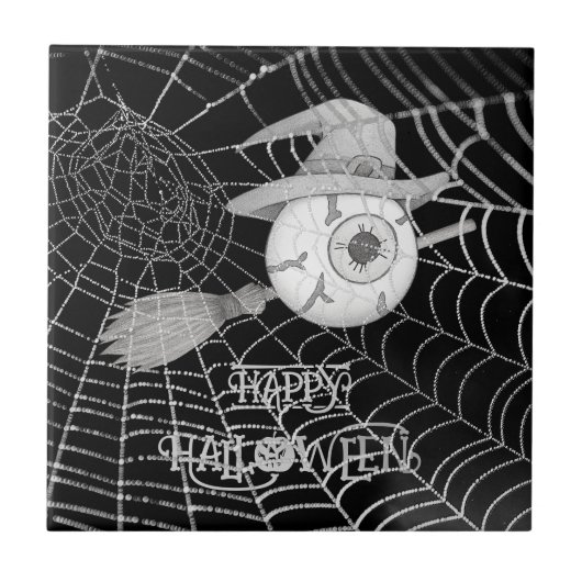 Halloween heksenbezem, enge oogbol, spinnenweb tegeltje (Voorkant)