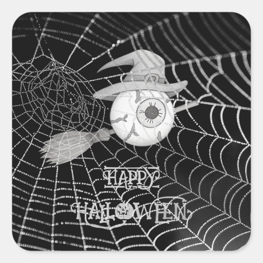 Halloween heksenbezem, enge oogbol, spinnenweb vierkante sticker (Voorkant)