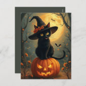 Halloween heksenkat op een pompoen feestdagenkaart (Voorkant / Achterkant)