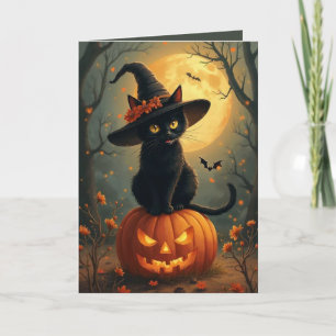Halloween heksenkat op een pompoen kaart