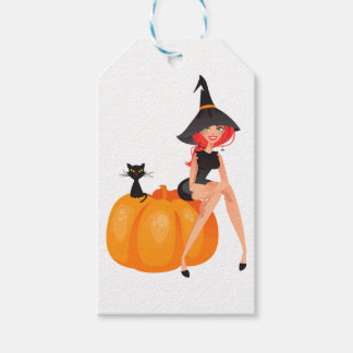 Halloween Heksenpompoen & Zwarte Kat Cadeaulabel