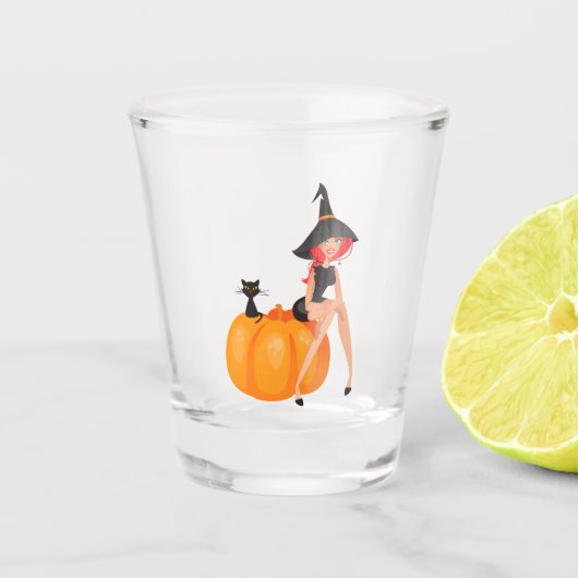Halloween Heksenpompoen & Zwarte Kat Shot Glas (Voorkant)